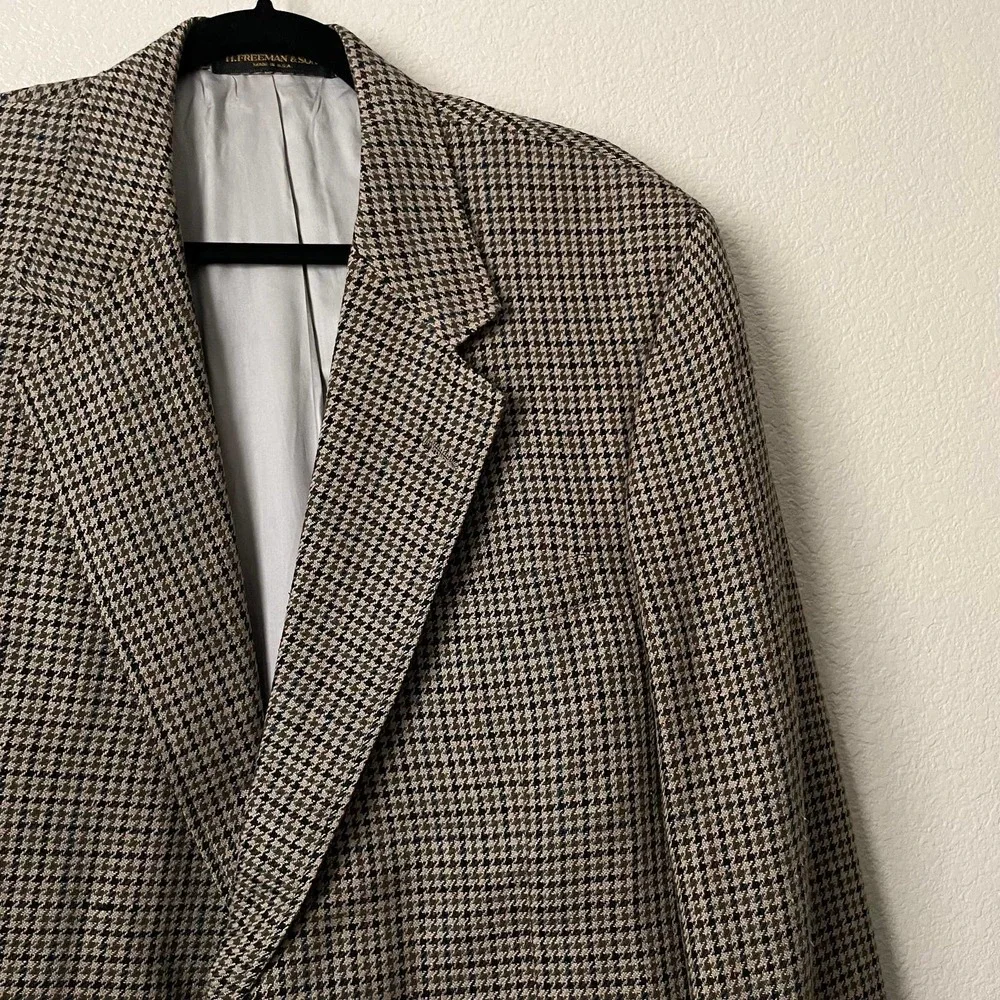 Vintage Hickey Freeman Blazer Mens 42R Tan Blue Houndstooth Sportscoat Union USA